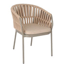 Switch A modern outdoor accent chair featuring a curved backrest made of beige woven rope, a matching beige seat cushion, and a light gray metal frame with four legs. 1 image