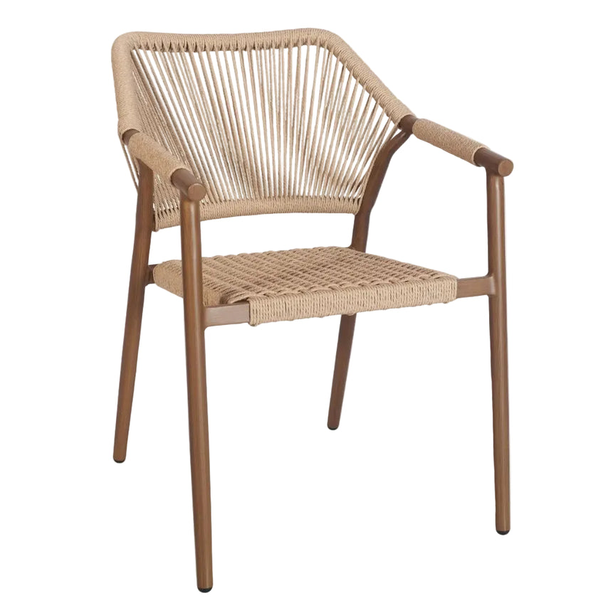 A modern outdoor armchair with a natural woven rope backrest and seat, supported by a medium brown wooden frame with integrated armrests.