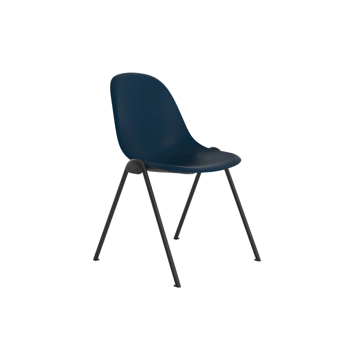 The Lizzie Office Side Chair features a dark blue curved plastic seat and black metal legs, displayed at an angle on a white background. This modern chair is perfect as contemporary reception seating or as a sleek commercial side chair for modern office spaces.
