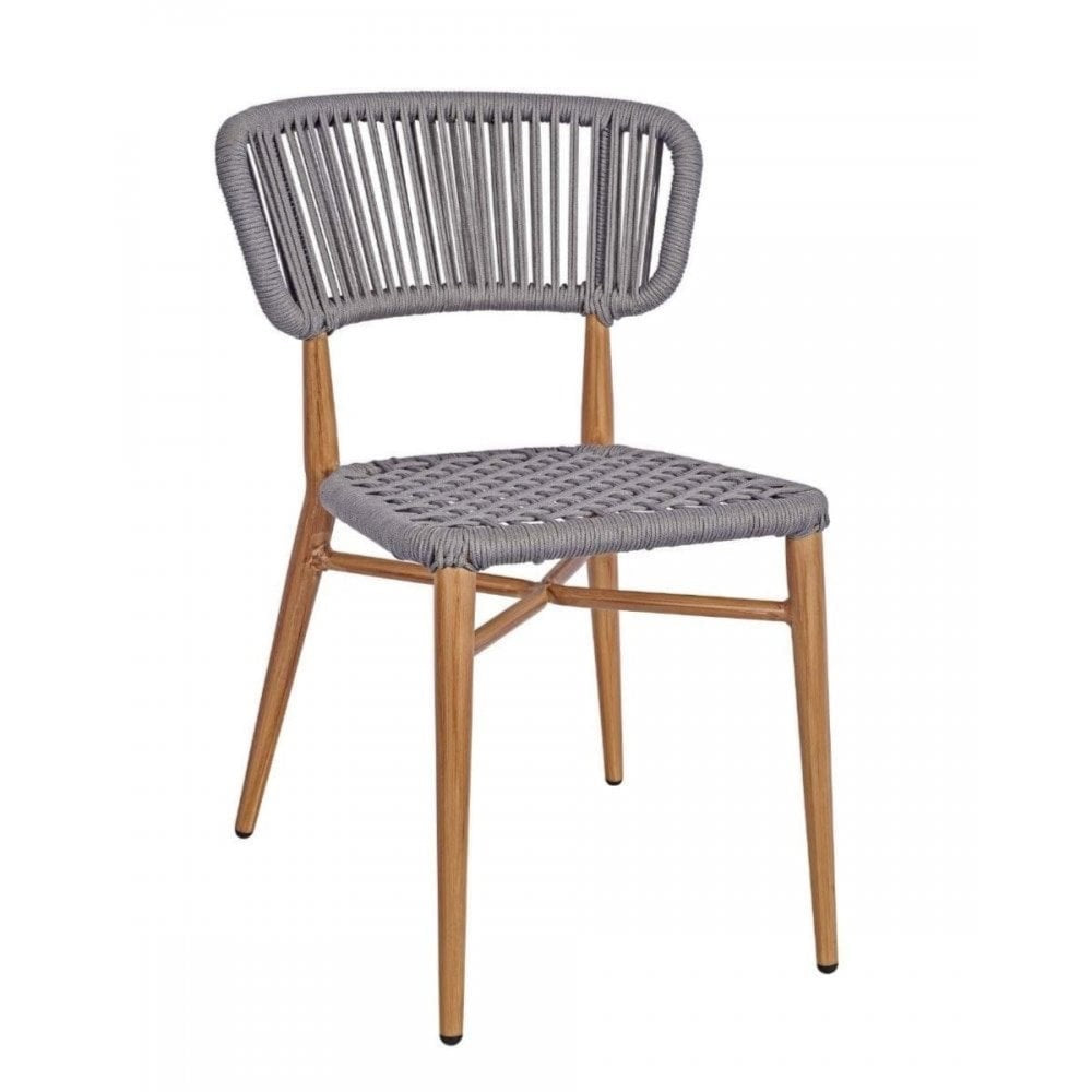 The Madrid Outdoor Stacking Rattan Chair features light wooden legs and frame, a woven gray polyester rope seat, and a rounded, slatted backrest made of matching durable rope.