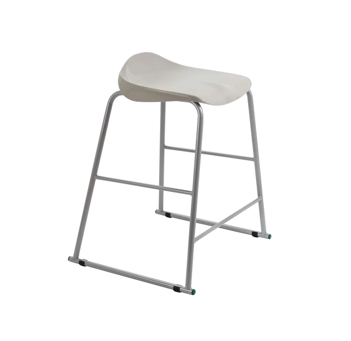 The Titan Metal Stacking Low Stool is a modern, white plastic stool with a curved seat and metal legs, showcasing a minimalist design. Stackable for easy storage, it is ideal for contemporary classrooms or versatile workspace environments.