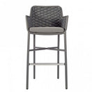Switch The Cordoba Outdoor Bar Stool features a gray woven backrest, matching armrests, cushioned seat, and sturdy metal legs with footrest—crafted from weather-resistant aluminum for stylish patios or balconies. 2 image