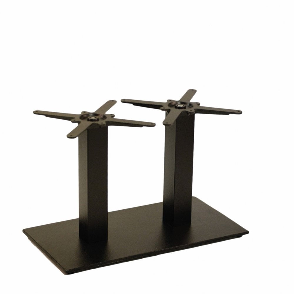 The Forza Rectangle Twin Pedestal Cast Iron Table Base features two square columns, cross-shaped supports, a durable powder-coated finish, and a rectangular flat base—designed to support tabletops. Isolated on a white background.