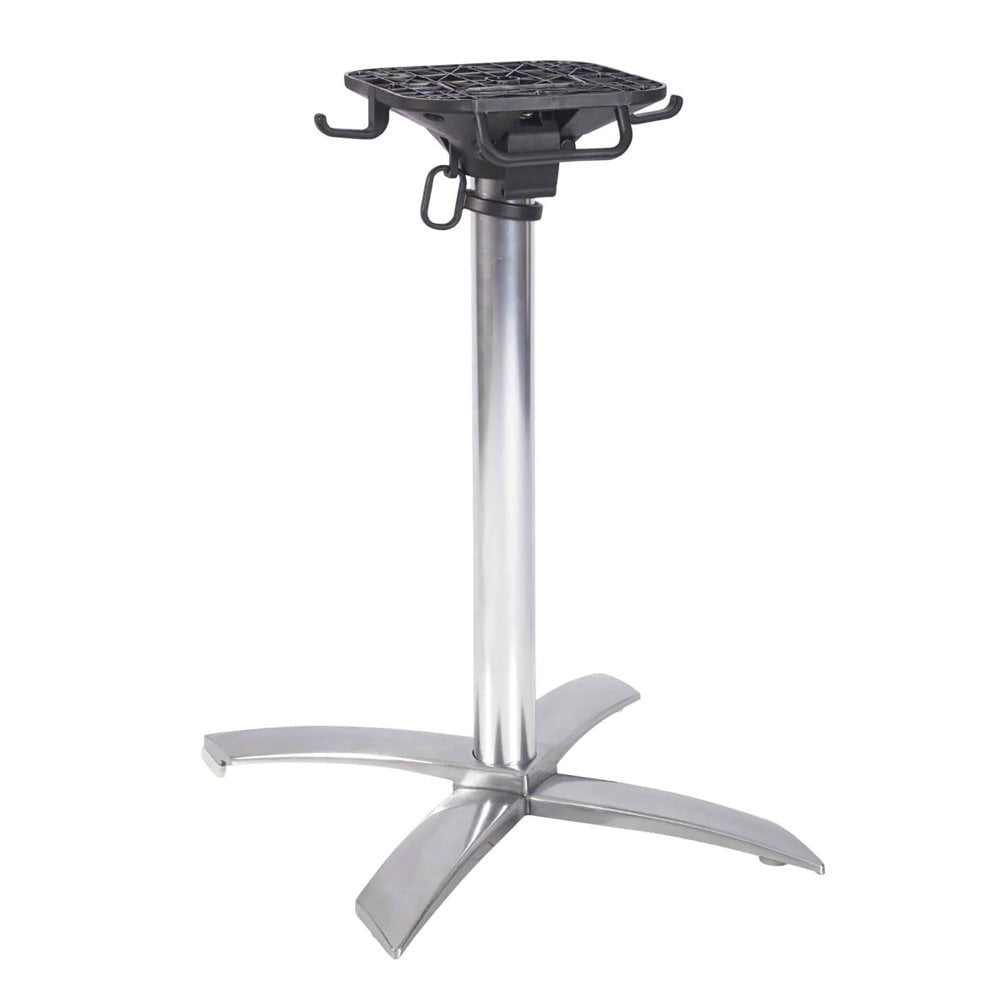The Aluminium Outdoor Fliptop Restaurant Table Base features a water-resistant central cylindrical support, four wide curved legs, and mounting brackets with hooks—ideal for outdoor tabletop attachment.