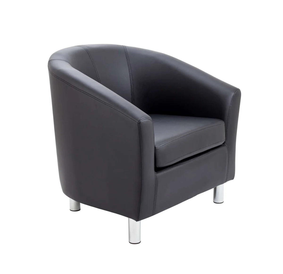 The Terry Faux Leather Upholstered Tub Chair is a modern black tub chair with smooth upholstery and silver cylindrical legs featuring adjustable metal feet, shown on a white background.