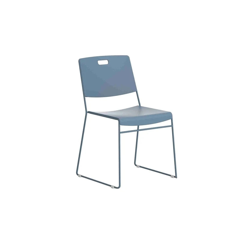Introducing the Arc High Density Stacking Chair—a modern blue plastic chair with a curved backrest, metal sled legs, and a convenient handle cutout at the top. Lightweight and designed with minimalist functionality in mind, this chair is perfect for contemporary spaces.