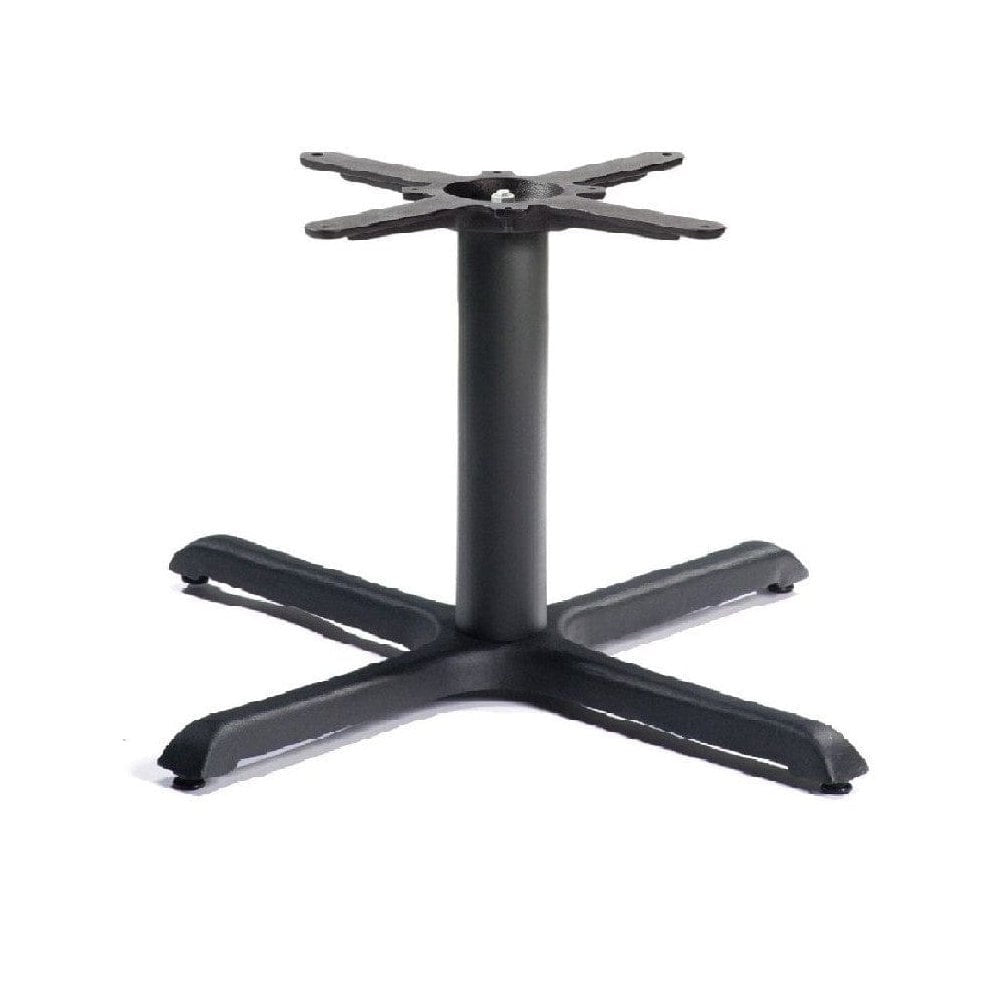 The Durham Medium Cast Iron Table Base features a black metal cruciform design with a central cylindrical column and four wide legs for stability, plus a visible surface mount—ideal as a commercial table base.