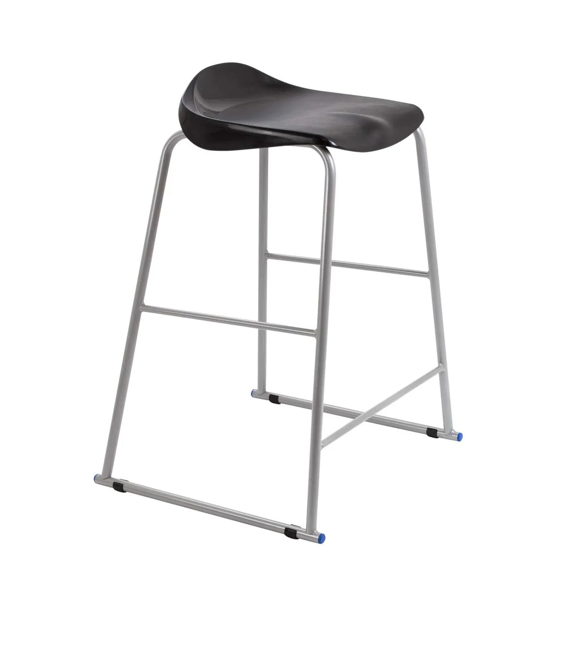 The Titan Metal Stacking Low Stool is a modern bar stool with a curved black plastic seat and a silver metal frame, complete with a footrest and blue-tipped legs. Designed to be stackable, this practical and stylish stool is ideal for classrooms or contemporary spaces.