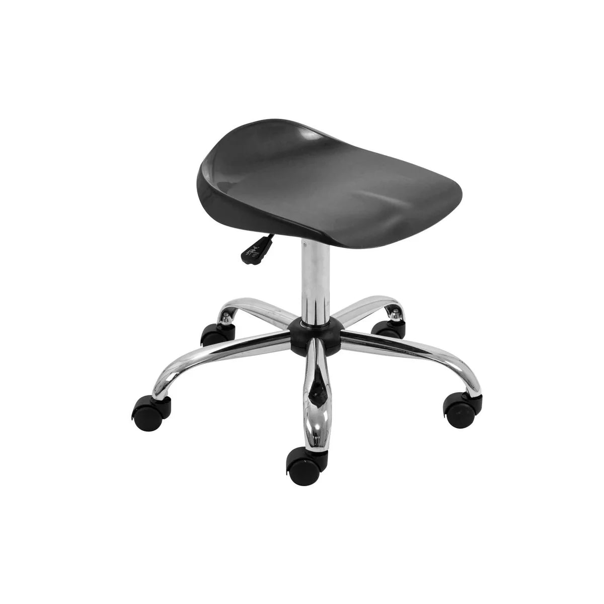 Introducing the Titan Swivel Senior Chrome Stool with Castors—a black, armless, backless swivel stool featuring a contoured seat and a durable chrome base with five easy-rolling castors. Designed for classroom safety, it provides smooth mobility and adjustable height for flexible seating in any learning environment.