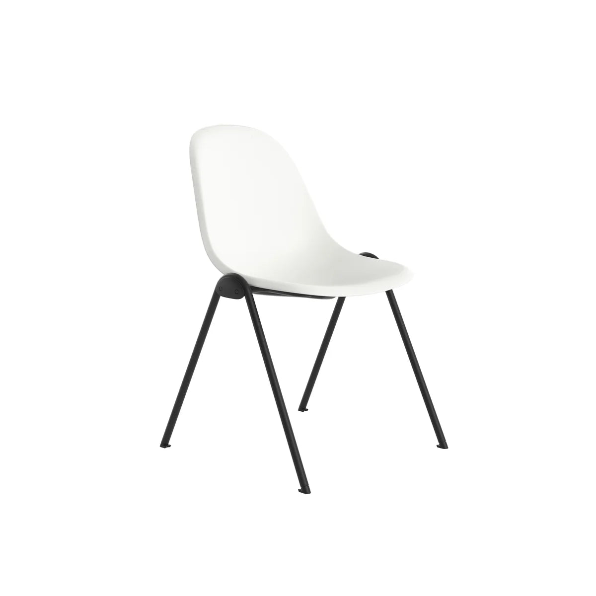 The Lizzie Office Side Chair, featuring a curved white plastic seat and backrest supported by four angled black metal legs, presents an inviting choice for contemporary reception seating or as a sleek commercial side chair, isolated on a white background.