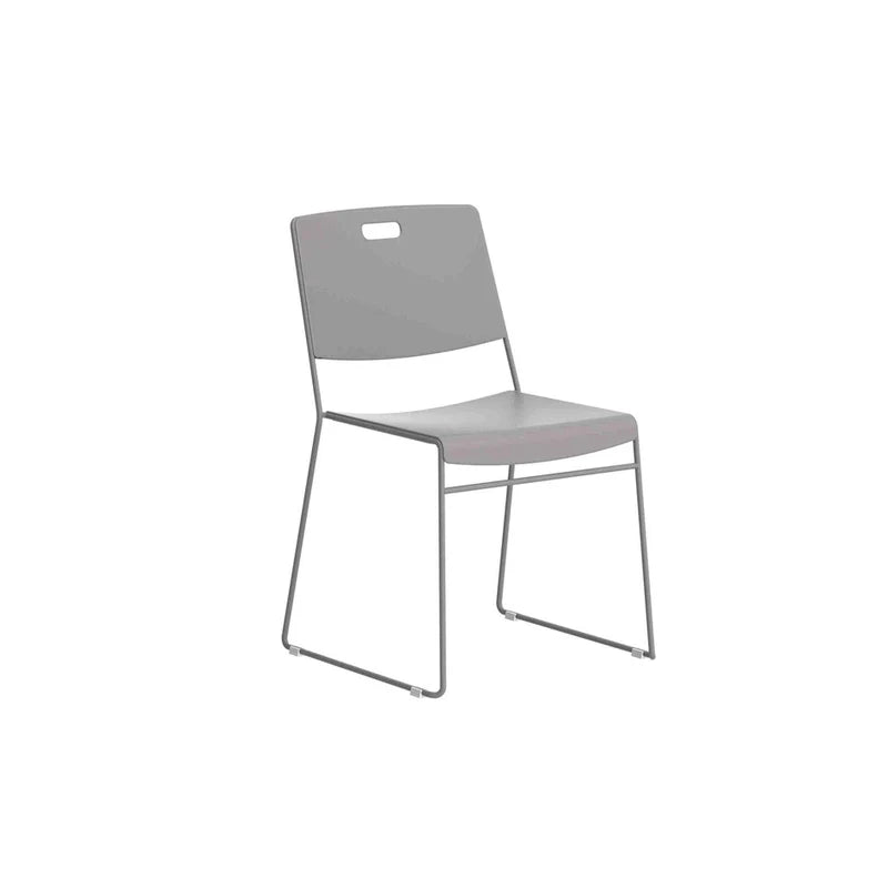 The Arc High Density Stacking Chair is a modern gray plastic chair with a rectangular cutout in the backrest and metal sled legs, featuring lightweight construction and contemporary design, shown on a white background.