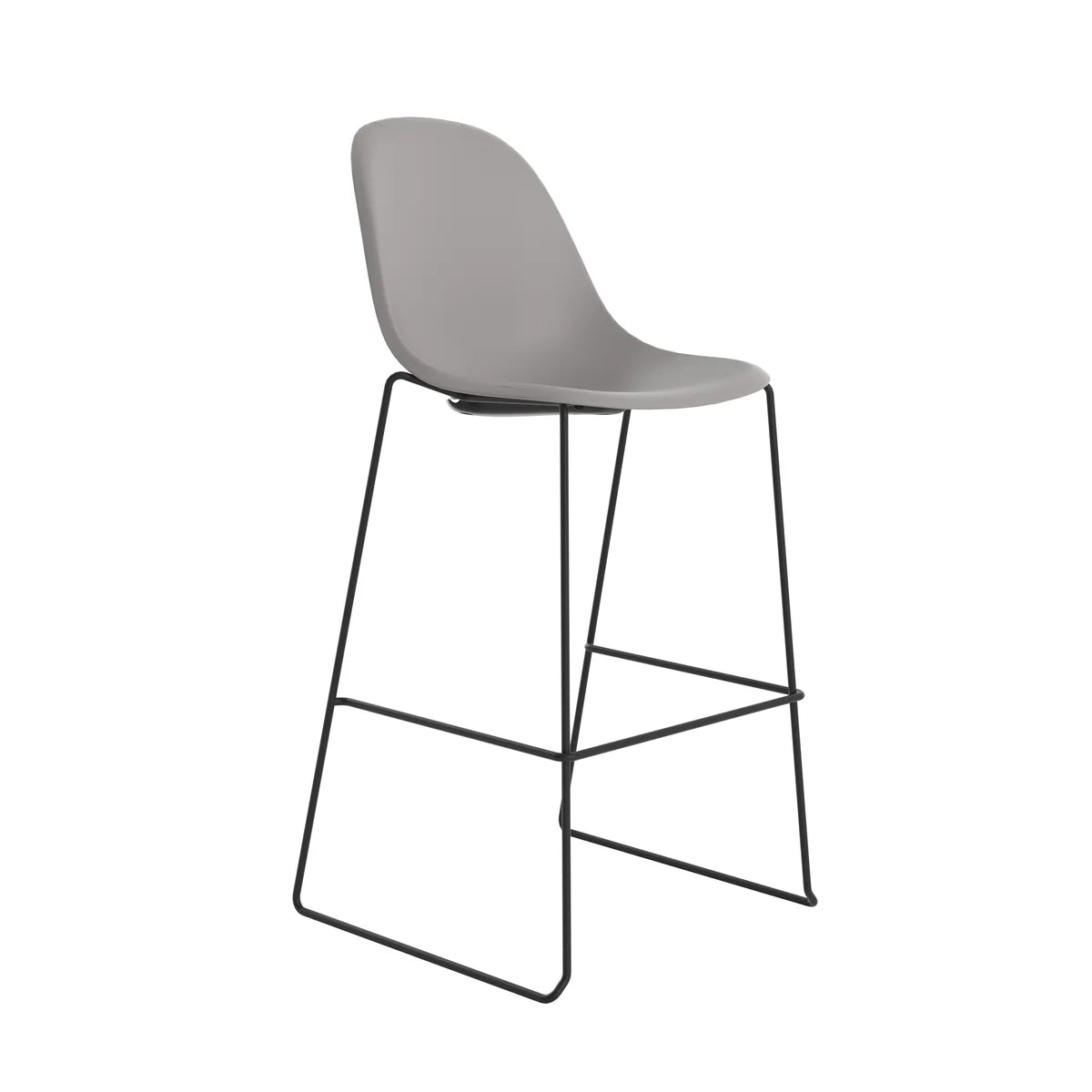 The Lizzie Metal Bar Stool features a smooth, curved gray plastic seat atop thin black metal legs, complete with a connecting footrest—an ideal choice for stylish and contemporary hospitality spaces.
