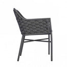 Switch The Cordoba Outdoor Stacking Armchair features a dark gray, basket-weave back and seat with straight legs and an aluminium frame, shown from an angled side view against a plain white background. 2 image