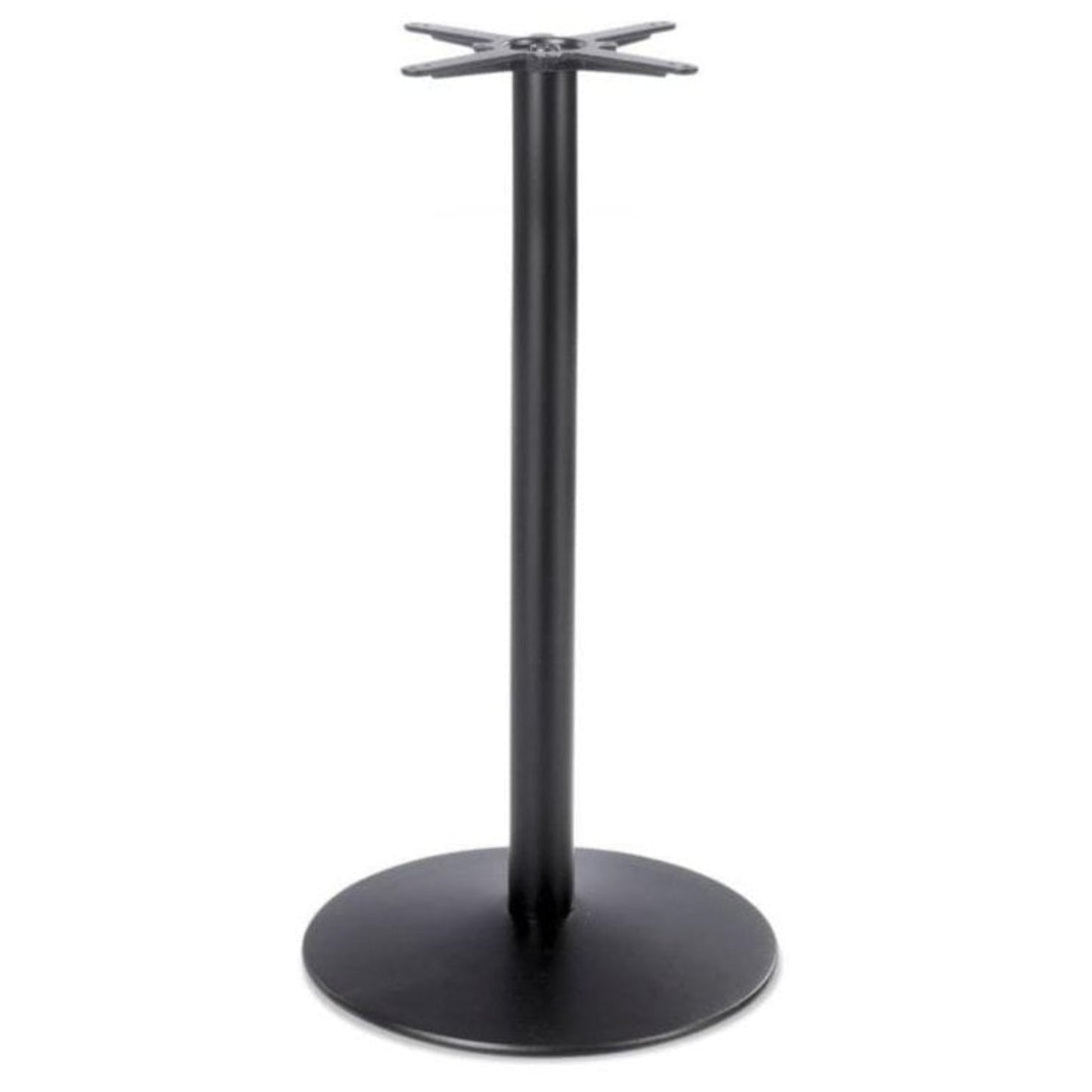 The Dome Medium Round Black Cast Iron Table Base features a round flat bottom, central vertical support, and a cross-shaped bracket—perfect as a sturdy base for any tabletop in various settings.