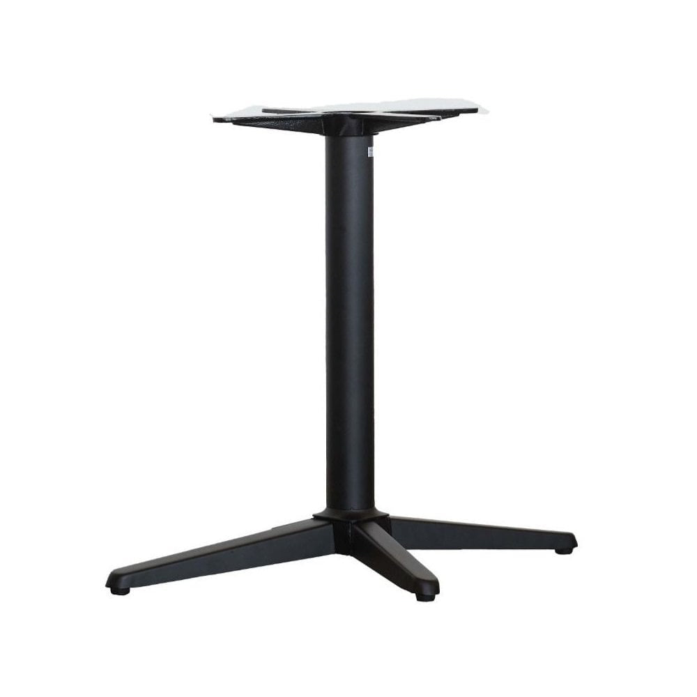 The Trail Black Self Levelling Table Base - Rectangle Single Pedestal by NOROCK features a central cylindrical column with three outward-slanting legs and a flat top, designed for easy tabletop attachment indoors or outdoors.