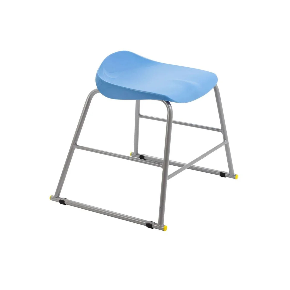 A blue plastic Titan Metal Stacking Low Stool with a curved seat and gray metal legs, featuring yellow and black protective caps on the feet, is displayed against a white background.