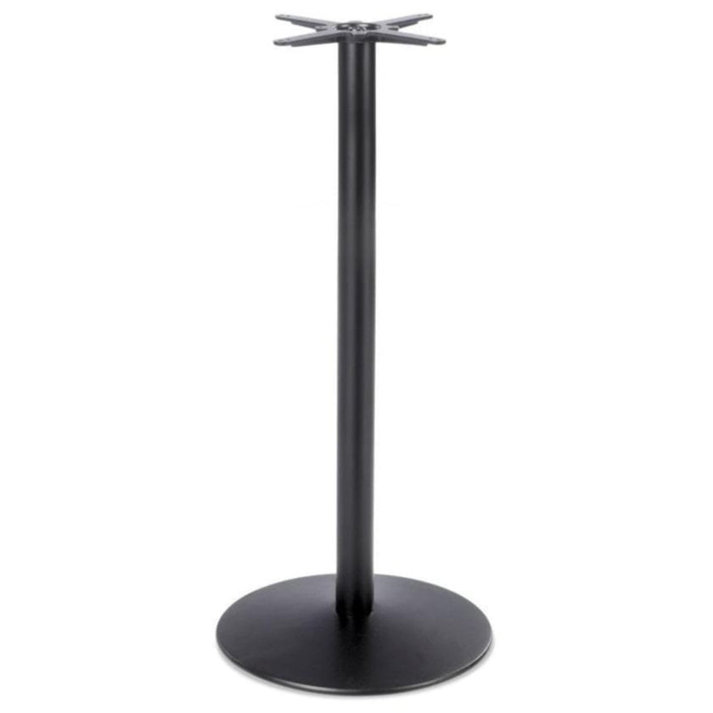 The Dome Medium Round Black Cast Iron Table Base features a black finish, round flat bottom, vertical cylindrical support, and a cross-shaped mounting bracket on top for secure tabletop attachment.