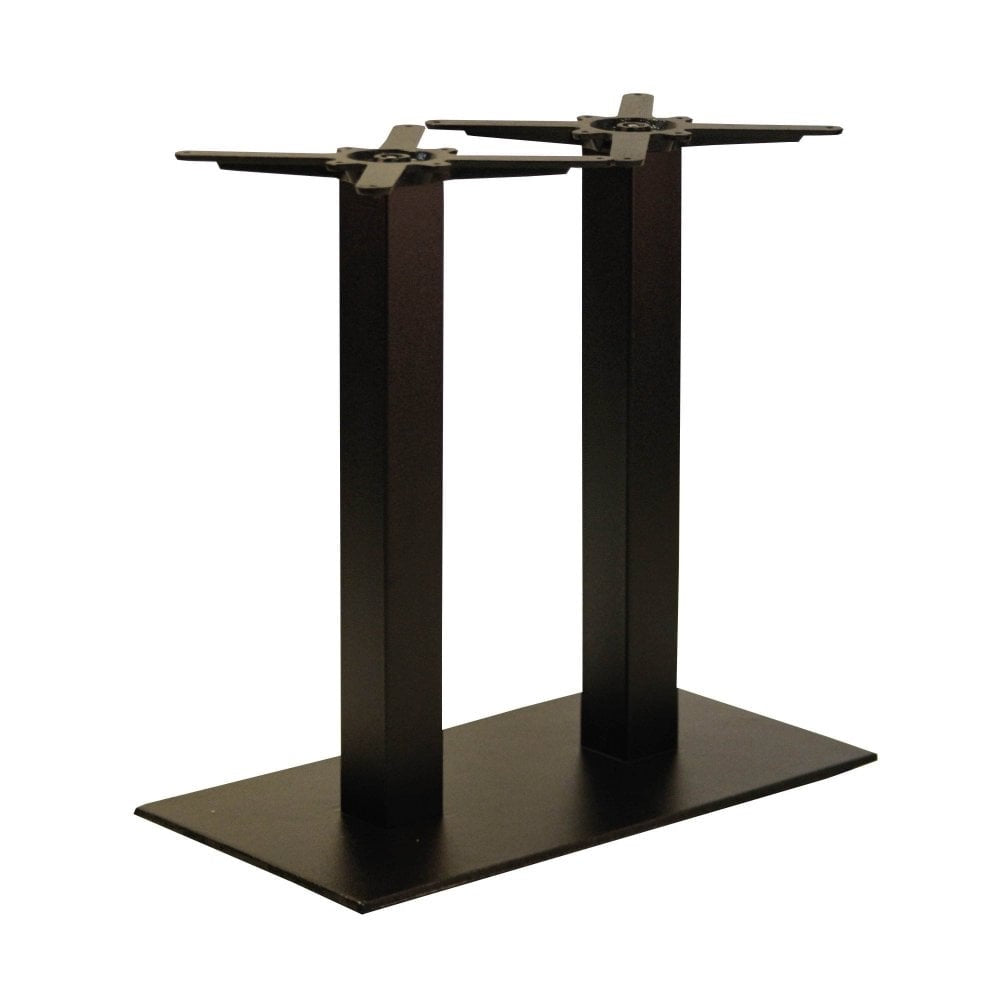 The Forza Rectangle Twin Pedestal Cast Iron Table Base features two vertical square columns and a flat rectangular bottom plate with a durable powder-coated black finish. Shown against a white background.