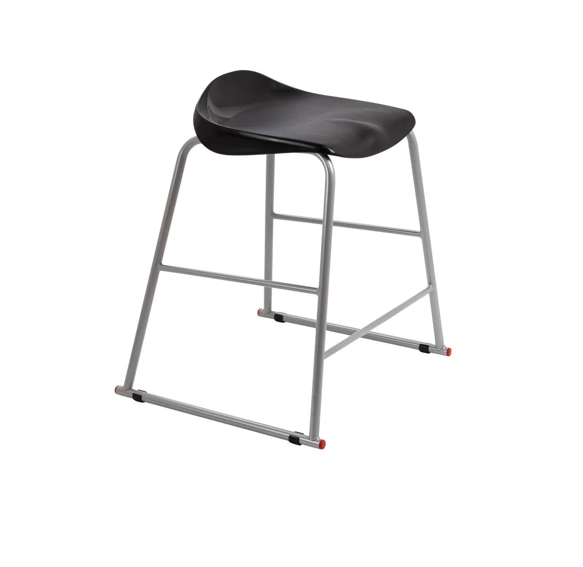 The Titan Metal Stacking Low Stool features a black plastic, curved seat and silver metal legs with a built-in footrest and small red caps on the feet, all displayed against a white background.