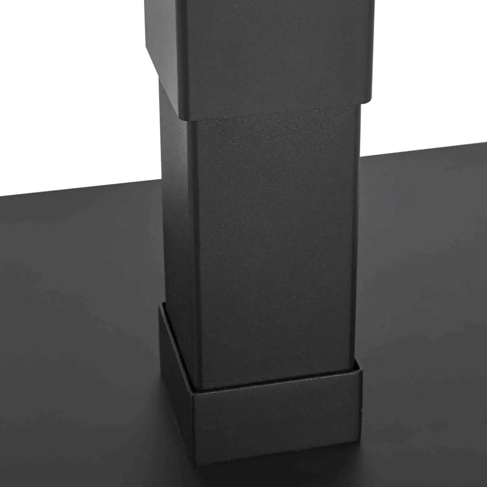 A close-up of the Profile Height Adjustable Black Square Table Base, featuring its black, rectangular metal leg attached to a flat black surface.