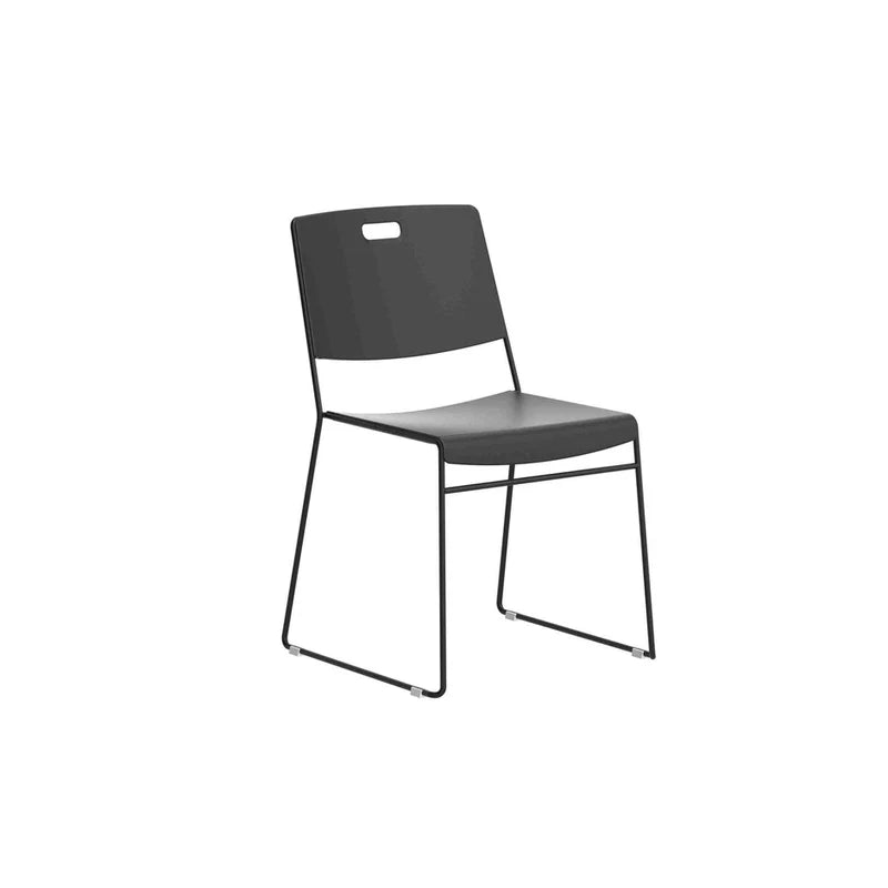 Introducing the Arc High Density Stacking Chair: a modern black chair with a durable plastic seat and backrest, highlighted by a distinctive small rectangular cutout near the top and slim metal legs. Its lightweight construction enhances its minimalist style, while the stackable design offers versatile functionality for contemporary spaces.