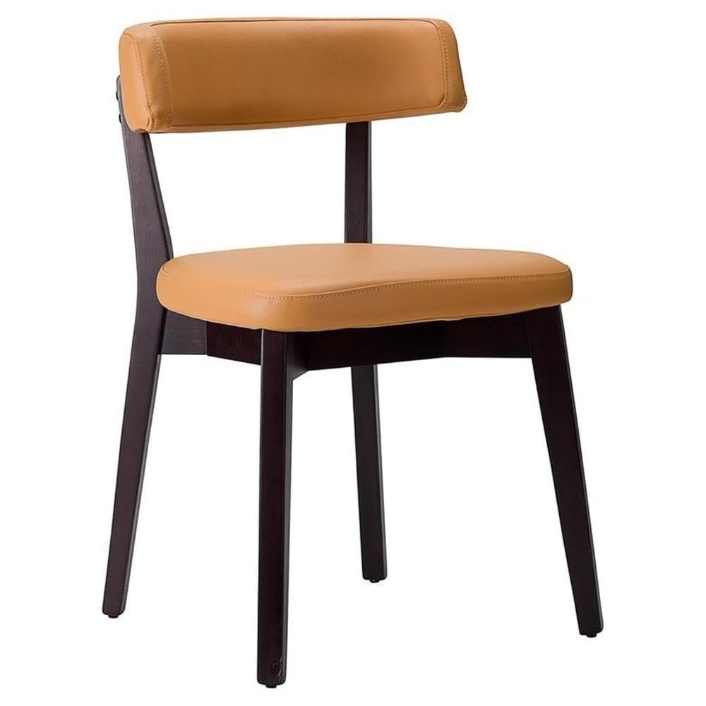 The Nico Upholstered Side Chair - Wenge features a minimalist design with a tan faux leather cushioned seat and backrest, complemented by dark wooden legs and frame—ideal for home or contract use.