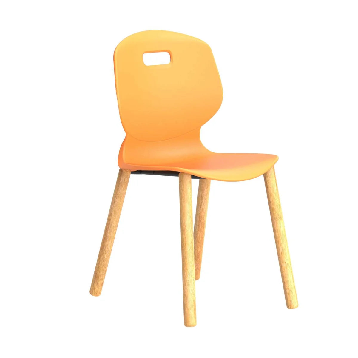 The Titan Arc Wooden Classroom Chair features an orange plastic seat with a curved backrest and sturdy wooden legs, presented on a white background—perfect for educational seating.