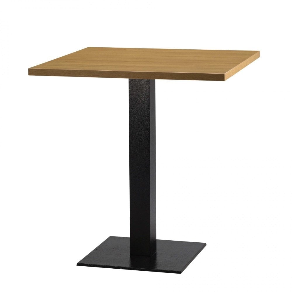 A Lancaster Oak Laminate Restaurant Table Top (25mm), light brown, heat and scratch-resistant, set on a single black metal pedestal base with a flat square plate, shown against a white background.