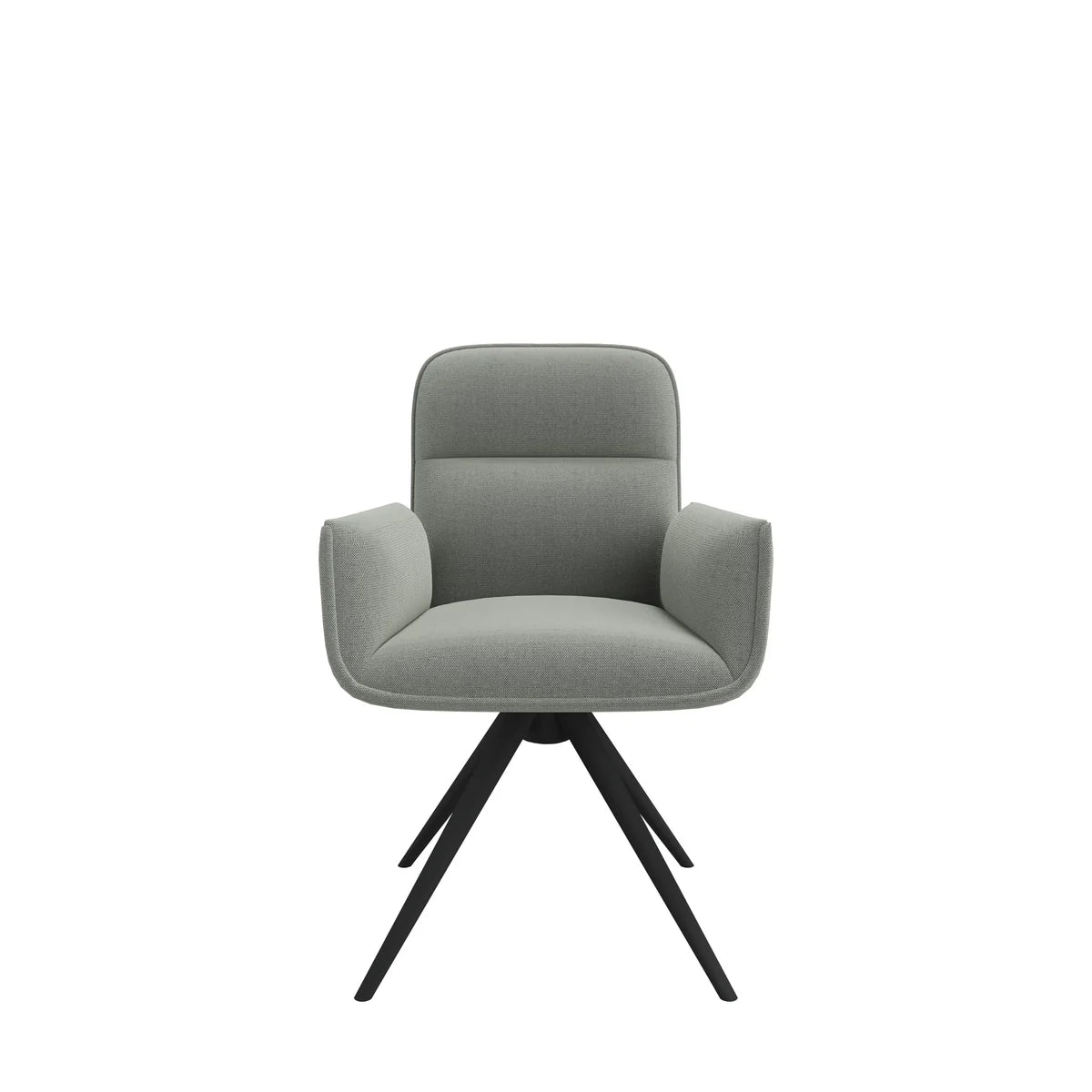 The Faze Upholstered Swivel Armchair features a gray fabric finish, modern winged arms, a high backrest, comfortable armrests, and angled black metal legs. It is displayed from the front against a plain white background.