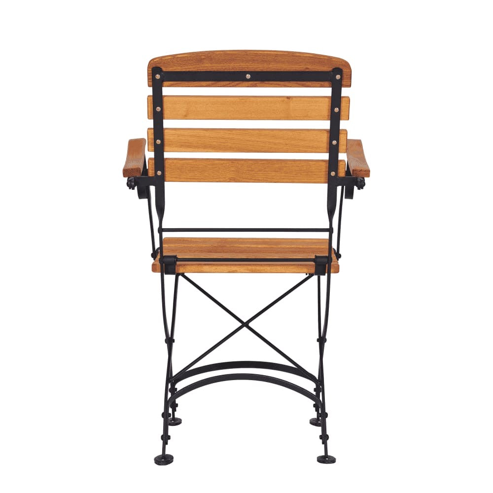 The Arch Outdoor Folding Picnic Armchair features a slatted robinia wood seat and backrest, black metal frame, and armrests, shown from the back against a white background.