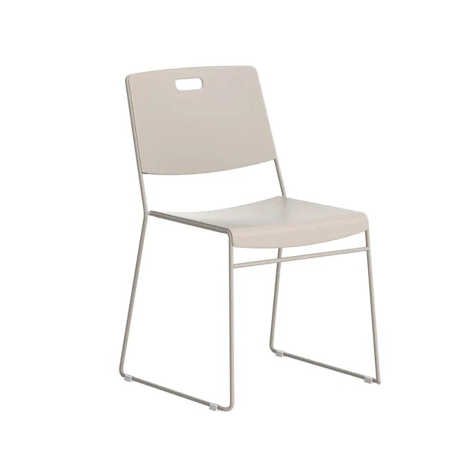 The Arc High Density Stacking Chair features a beige plastic seat with a rectangular cutout in the backrest, supported by slim metal sled legs. Lightweight and modern in design, this chair is ideal for office or classroom environments.