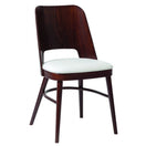 Switch The Avon Side Chair Frame is a modern wood chair with a dark brown curved backrest and legs, a white cushioned seat, and a rounded minimalist design—ideal as contract furniture or a stylish restaurant chair. 2 image