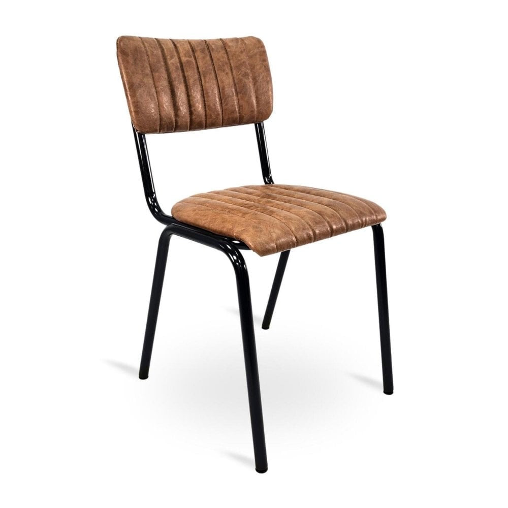 The Derby Industrial Side Chair - Faux Leather features a black metal frame with a brown, ribbed faux leather seat and backrest. Its simple industrial design makes it ideal for stylish dining spaces.