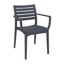 Switch The Artemis Plastic Outdoor Stacking Arm Chair is a modern black chair with armrests and a slatted design, crafted from weather-resistant plastic for versatile use both indoors and outdoors. 3 image