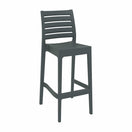 Switch The Ares Outdoor Stacking Bar Stool is a modern, weather-resistant piece with a dark gray finish, slatted backrest and seat, straight legs, footrest, and minimalist contemporary design—perfect for outdoor spaces. 3 image