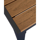 Switch Close-up of the Riga Outdoor Solid Wood Bistro Table corner, featuring a slatted tabletop with a natural wood finish and a sturdy dark metal frame and legs. 2 image