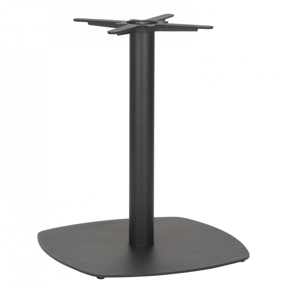 The Vega Large Square Cast Iron Table Base features a matt black finish, square slightly rounded flat bottom, cylindrical central column, and cross-shaped top for tabletop support, making it a durable choice for commercial use.
