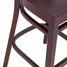 Switch Partial view of the Devon Wooden Bar Stool - Walnut, featuring a curved seat, straight legs, and footrest bar in dark solid beech, shown against a plain white background—perfect for stylish restaurant settings. 3 image