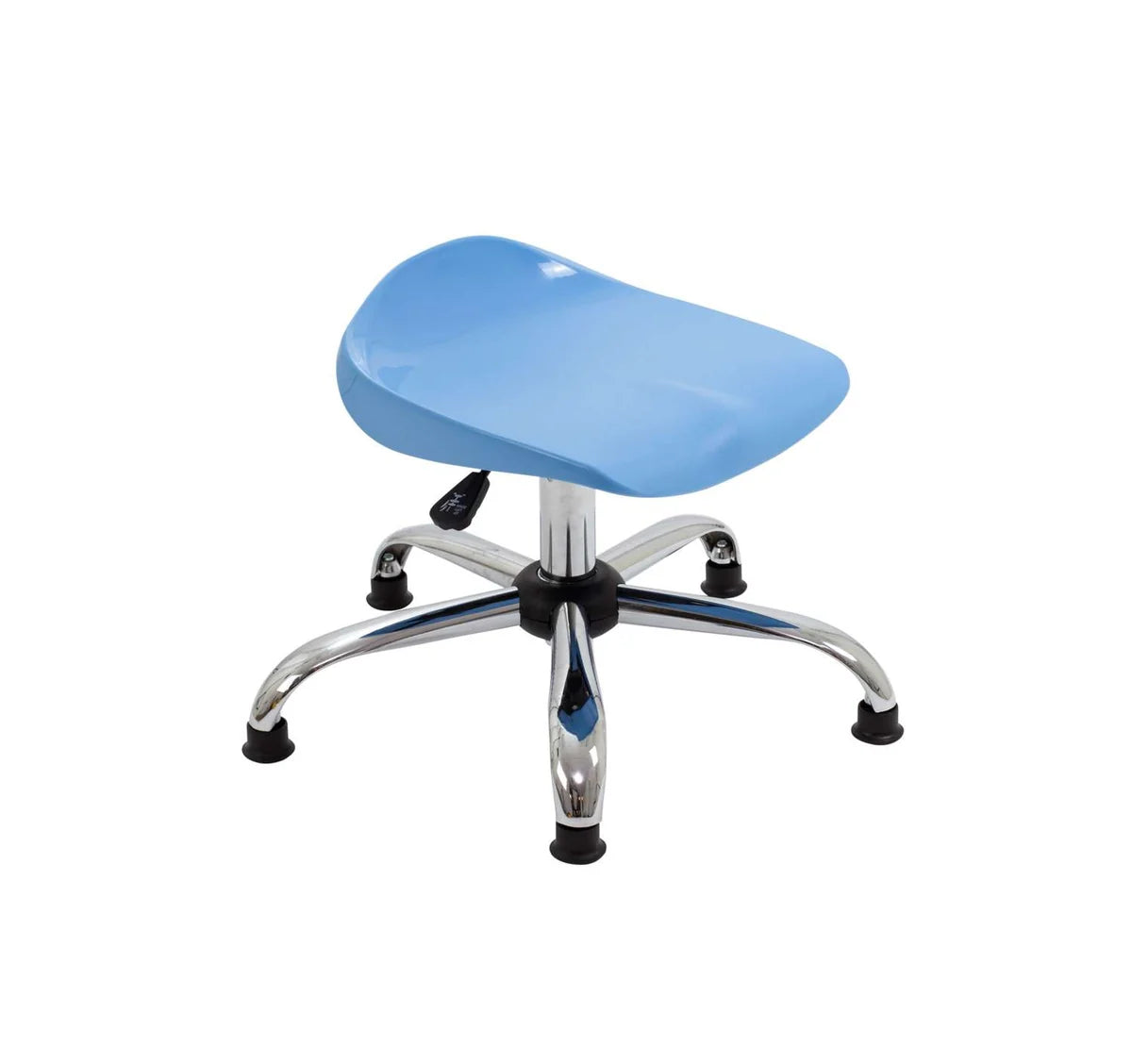 The Titan Swivel Junior Chrome Stool - with Glides is a blue, plastic, backless stool featuring a sturdy chrome base and four legs finished with secure black glides for stability. This adjustable-height stool includes a convenient lever beneath the seat, making it an ideal choice for classrooms or versatile everyday use.