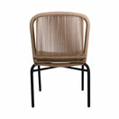 Switch Back view of the Rio Rope Outdoor Stacking Side Chair, featuring a woven tan rope seat and backrest with a sleek black aluminium frame and legs, photographed against a plain white background. 3 image