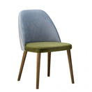 Switch The Calm Raw Side Chair Frame features a solid wood build with a light blue upholstered backrest, olive green seat, and four sturdy legs—perfect for restaurants or as a side chair, shown against a plain white background. 2 image