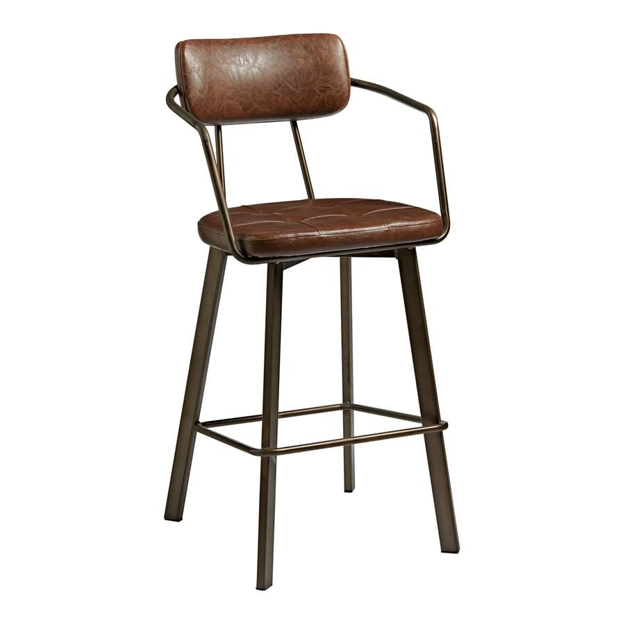 The Auzet Bistro Industrial Bar Stool features a cushioned brown faux leather seat and backrest, metal armrests, and four angled metal legs joined by a footrest.
