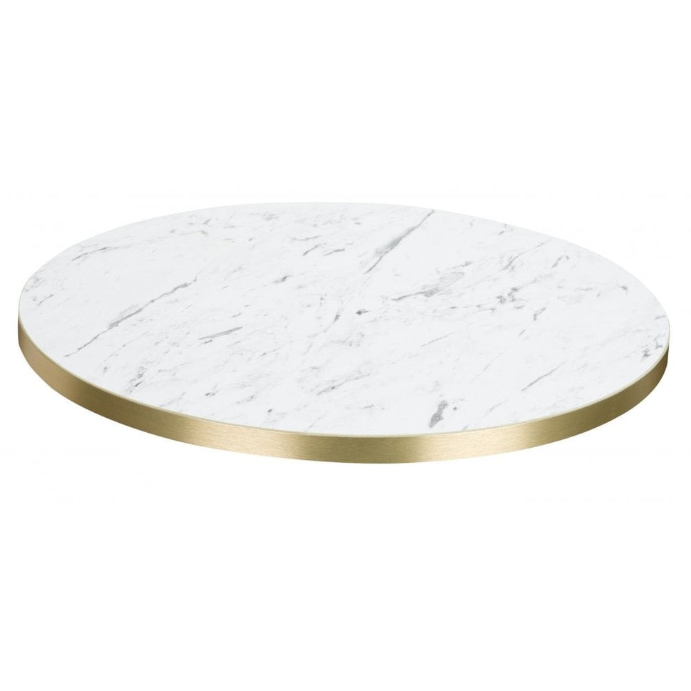 White Carrara Marble Gold Edge Laminate Restaurant Table Top - 25mm
