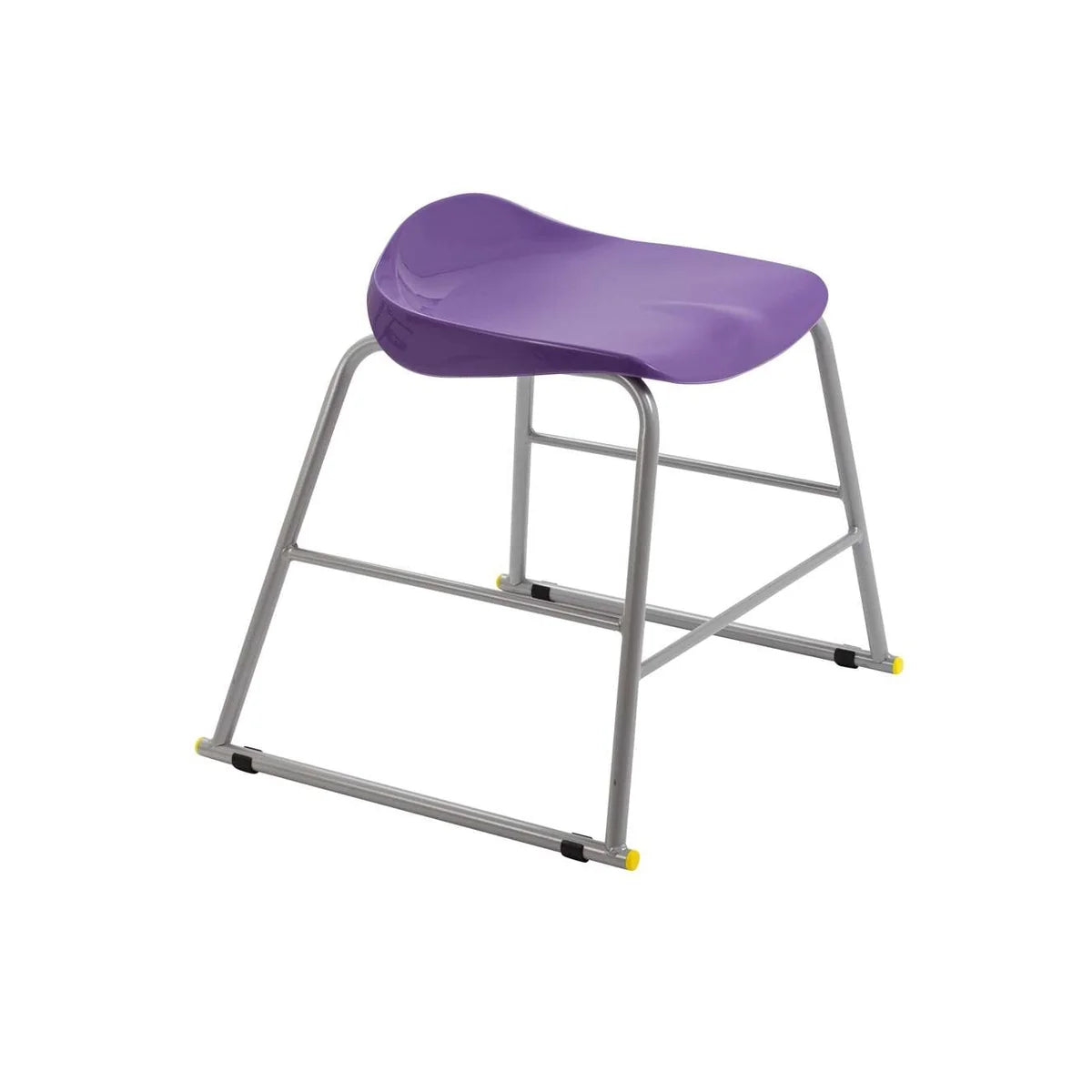 The Titan Metal Stacking Low Stool features a modern curved purple plastic seat, sturdy gray metal legs, and distinctive yellow foot caps, making it an ideal choice for vibrant learning environments; its stackable design also allows for convenient storage.