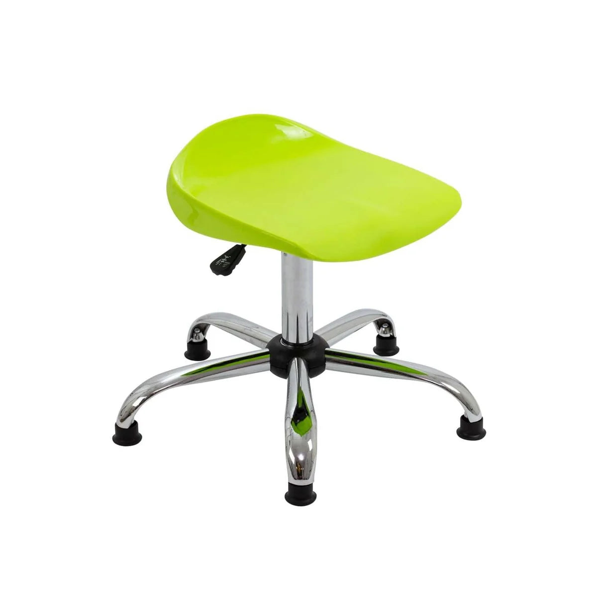 A green Titan Swivel Senior Chrome Stool – with Glides, featuring a saddle-style seat, a chrome base with four legs each fitted with black glides for floor protection, and an adjustable height lever beneath the seat for personalized comfort.