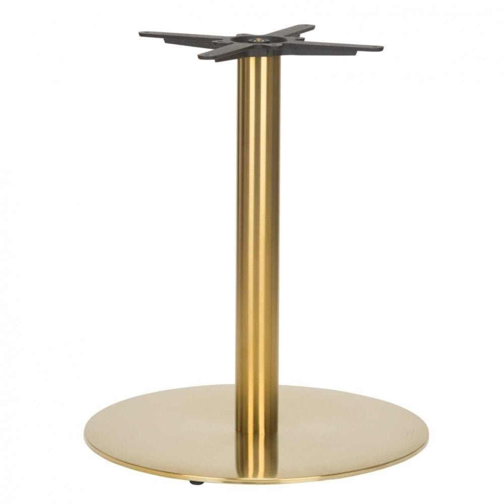 The Midas Round Vintage Brass Table Base - Large features a gold brass finish, wide flat bottom, vertical cylindrical support, and a black mounting bracket for easy tabletop attachment.