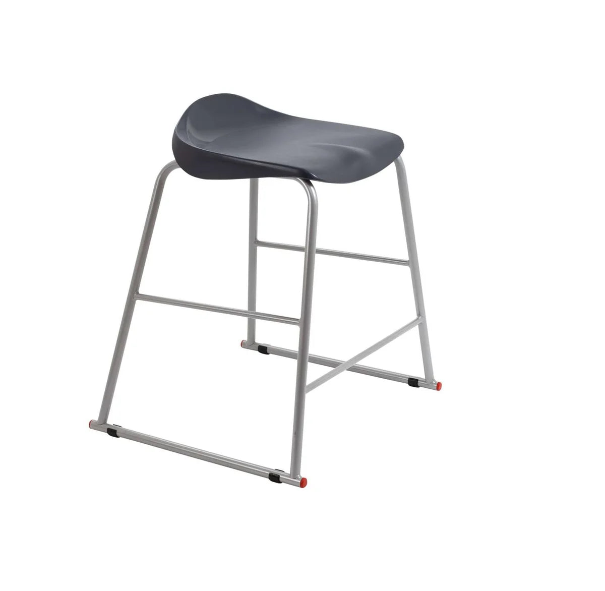The Titan Metal Stacking Low Stool features a curved black plastic seat and silver metal legs with red-tipped feet, providing a stylish and practical stackable seating solution for modern classrooms.