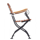 Switch Side view of the Arch Outdoor Folding Picnic Armchair, featuring a modern black wrought iron frame with crossed legs and curved armrests, plus robinia wood slats on the seat, backrest, and arms. 2 image
