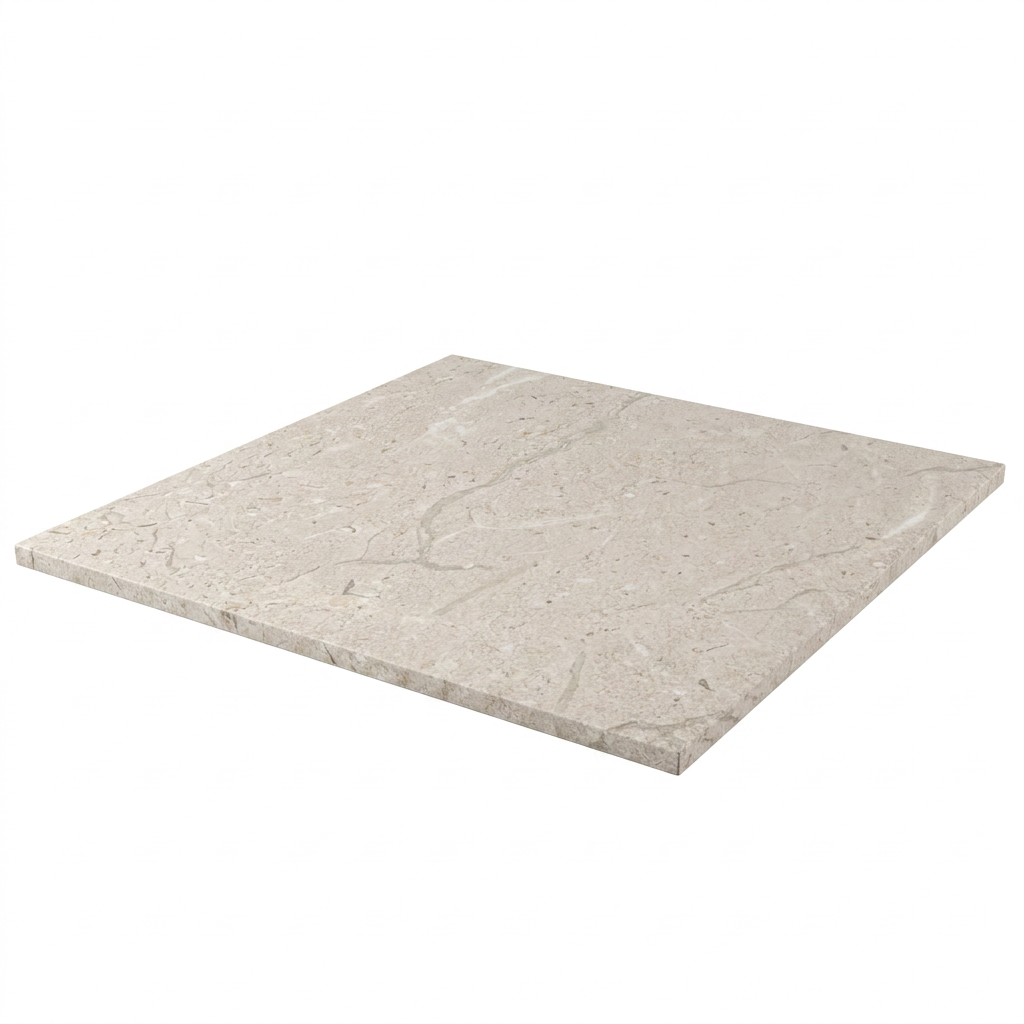 A square, light beige Beige Travertine Real Marble Restaurant Table Top – 20mm with subtle gray veining is displayed on a white background. The thin, smooth surface with a matte finish makes it a perfect, heat- and stain-resistant choice for restaurant marble table tops.