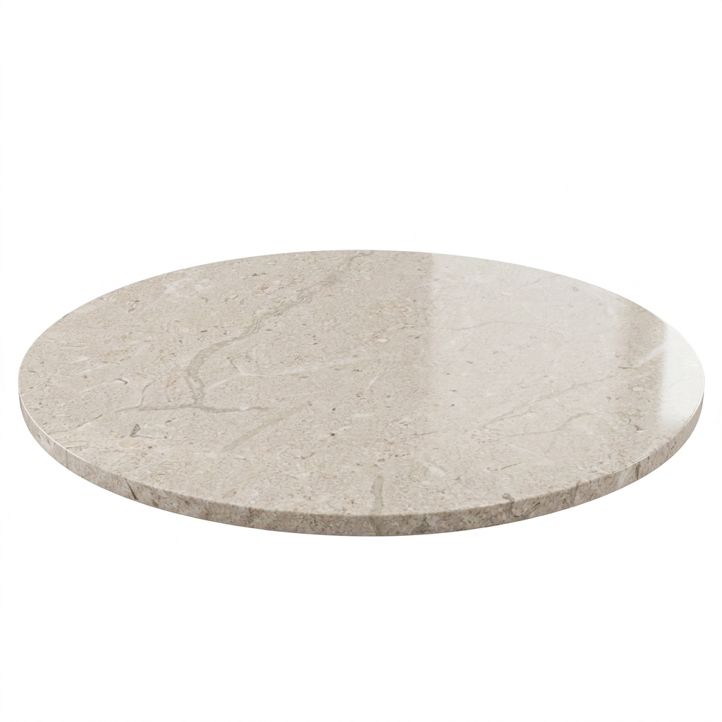 A round, flat Beige Travertine Real Marble Restaurant Table Top – 20mm is displayed from a slight angle against a white background, showcasing its light beige hue and subtle veining. Crafted from heat- and stain-resistant real marble, this elegant surface combines beauty with durability—making it perfect for restaurant table tops.